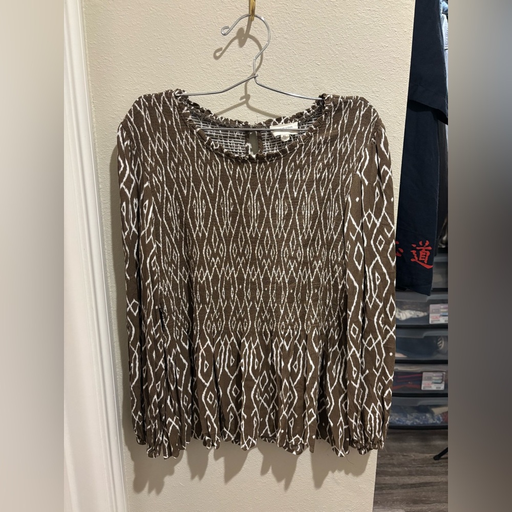 Orange Creek Olive and White Smocked Geometric Blouse